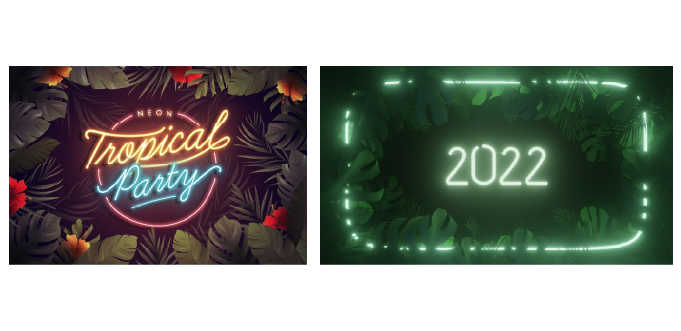 Neon signs surrounded by tropical leaves